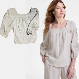 NWT JM Collection Plus 2X Square-Neck Embroidered Floral Top Beige Cotton Gauze